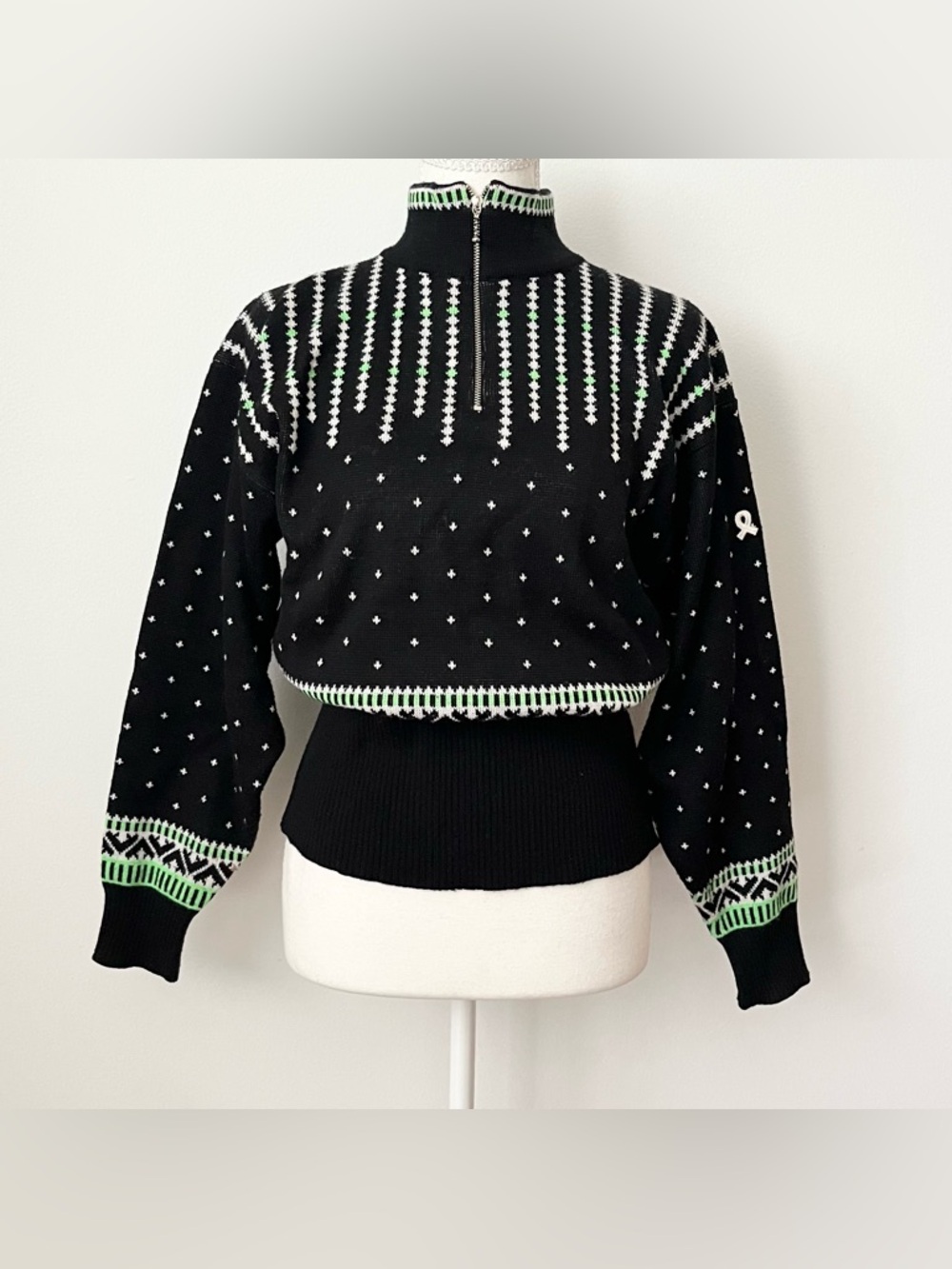 Vintage Demetre Women's Fair Isle Ski Sweater Med (S) Black 1/4 Zip Pullover
